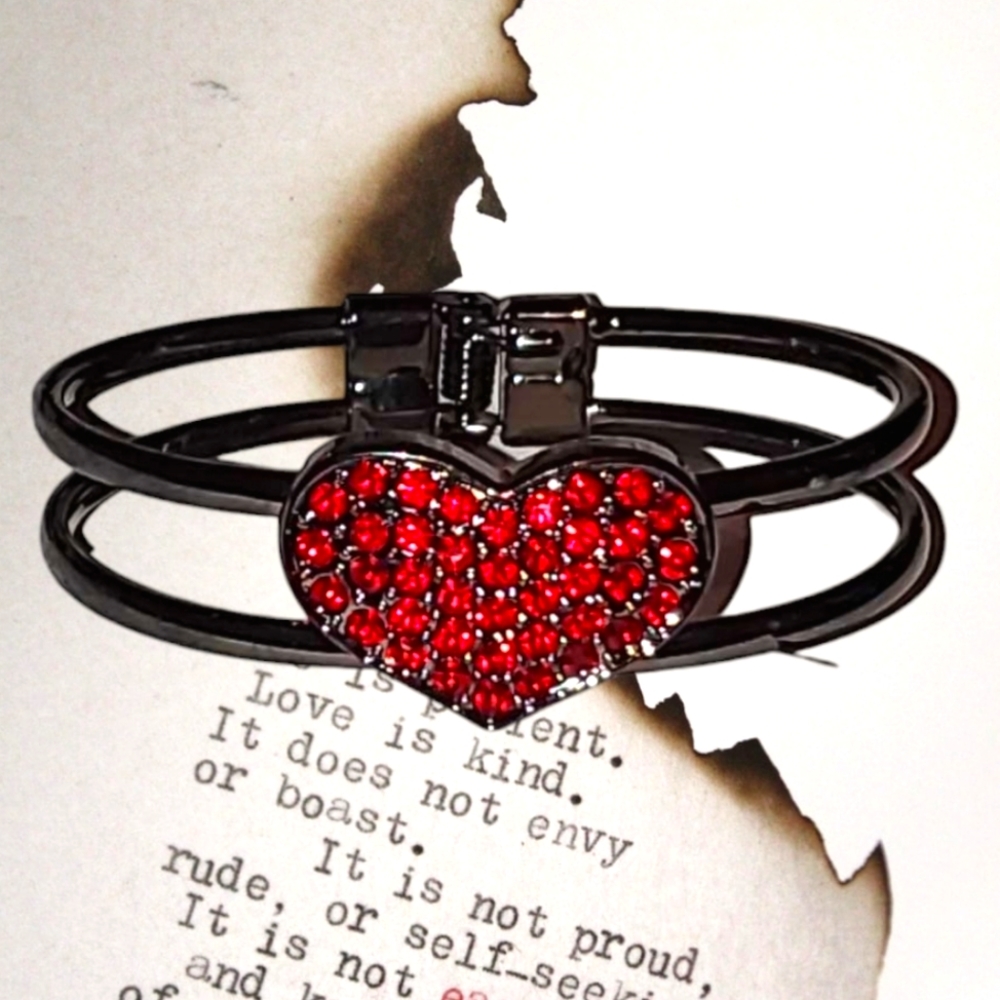DAZZLING Large Red Crystal Heart on a Dark Steel Gray Double Hinged Bracelet